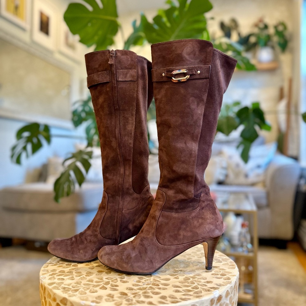 Cole Haan Tall Brown Suede Heeled Boots Nike Air - 9